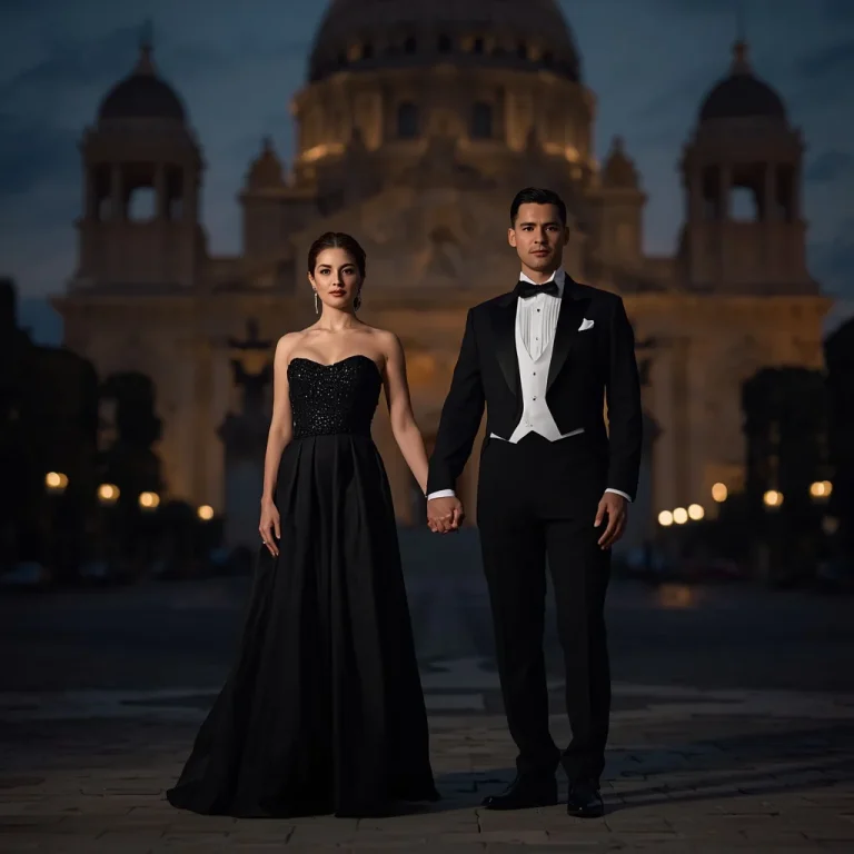 A Couple in Classic Formal Wear Against a Monument | Romantic couple AI prompt copy and paste