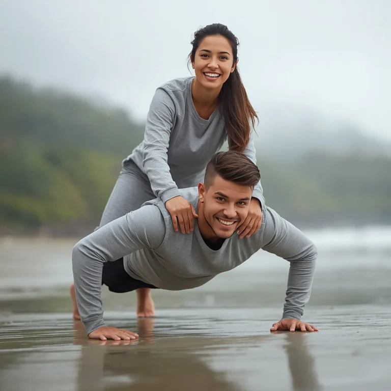 A Playful Beach Fitness Portrait: Partner Push-up with Me | Trending couple prompt link