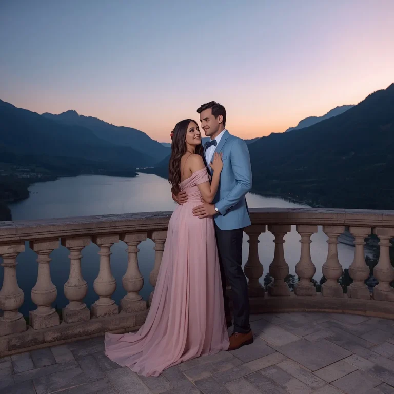 A romantic couple in beautiful formal outfits on scenic balcony overlooking lake | Romantic Prompt