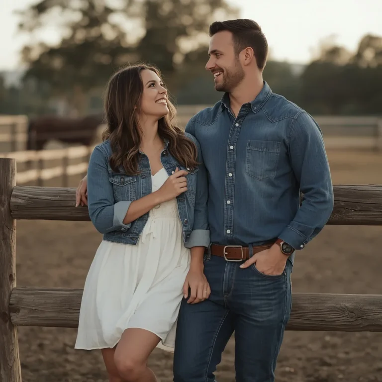 A romantic couple in matching denim outfits at rustic ranch | Hot Romantic Prompt