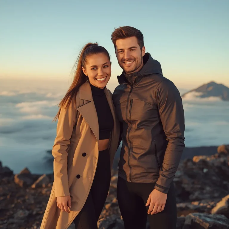 A romantic couple in sleek modern active wear on scenic hike | Hot Couple Prompt