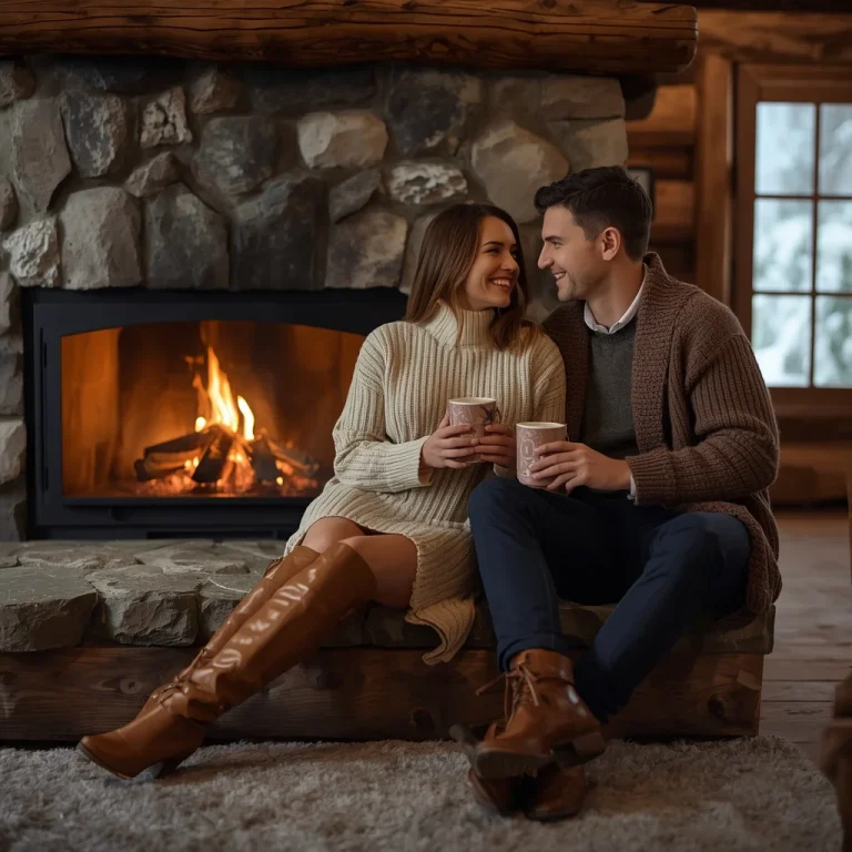 A romantic couple sharing a moment in a winter wonderland chalet | Romantic Couple Prompt