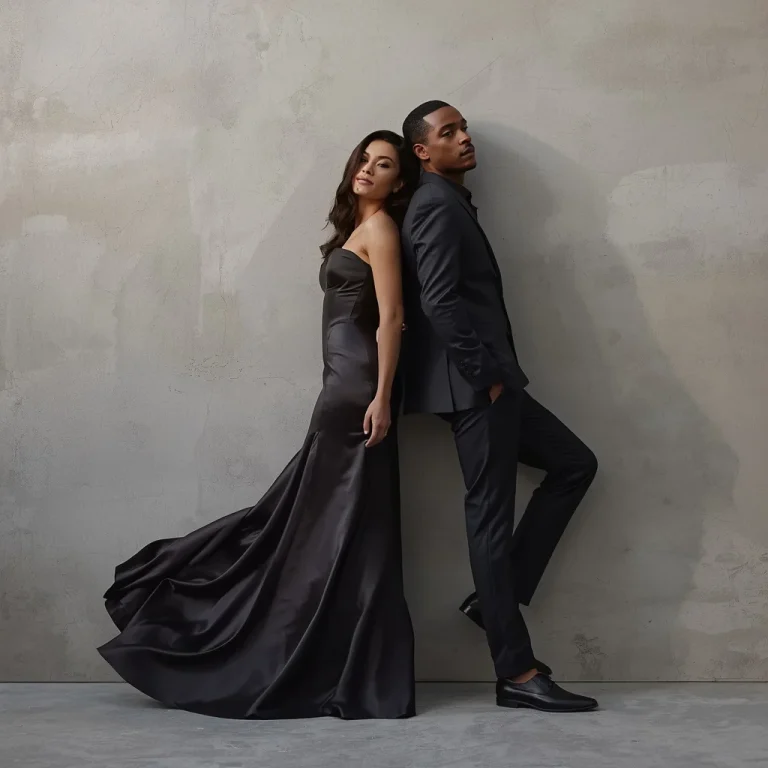 A Serene Couple Sliding Along a Wall in Evening Wear | viral ai image prompt