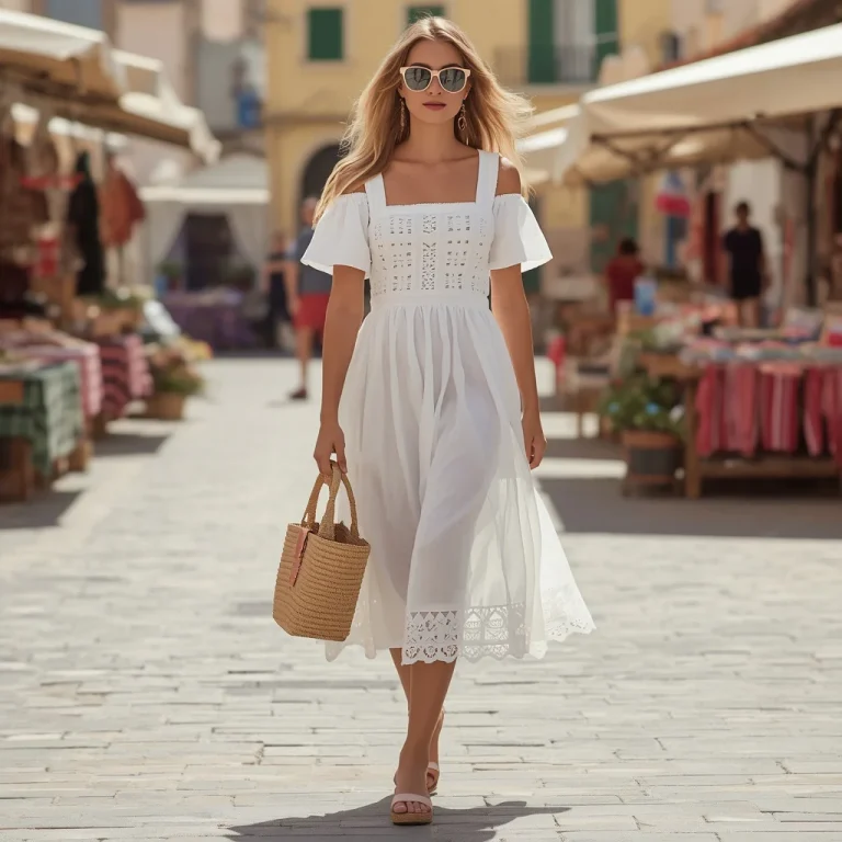 Chic White Cotton Eyelet Midi Dress | Prompt For Girl