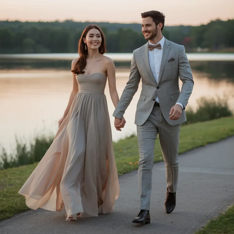 Couple in Coordinated Elegant Attire, Lakeside Sunset | Gemini AI photo prompt copy paste trending 2026