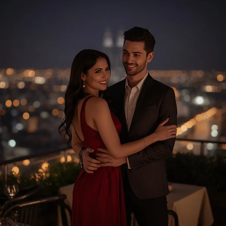 Couple in Coordinated Romantic Dinner Attire, Rooftop | wedding couple ai prompt
