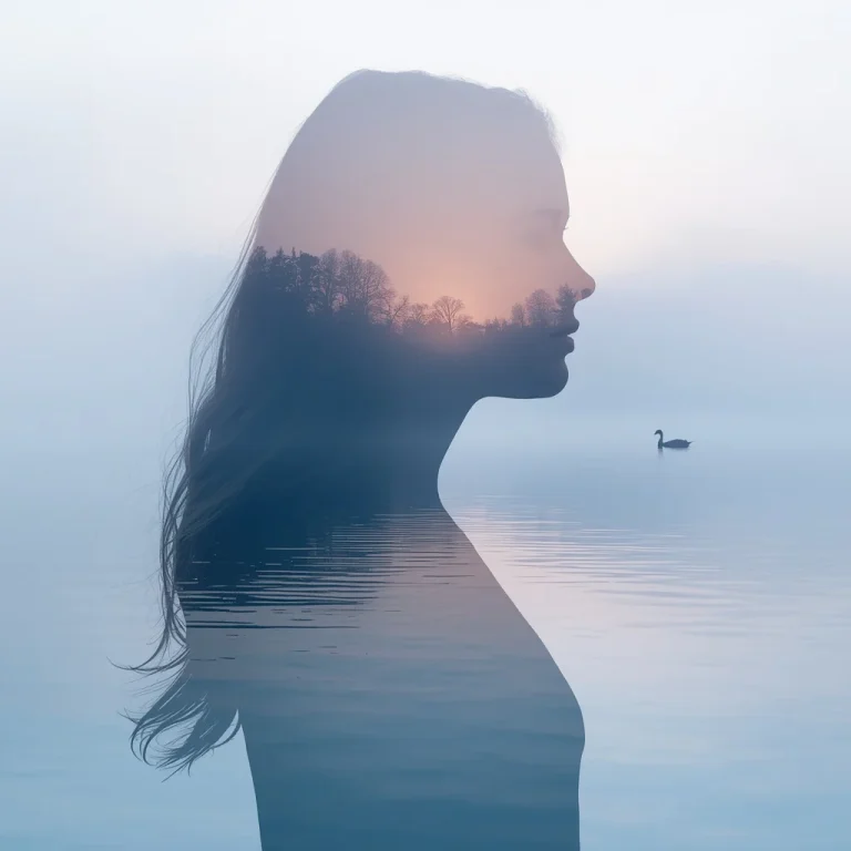 Ethereal Lake Mist: A Beautiful Girl’s Silhouette Reflecting a Serene Morning | Serene Double Exposure