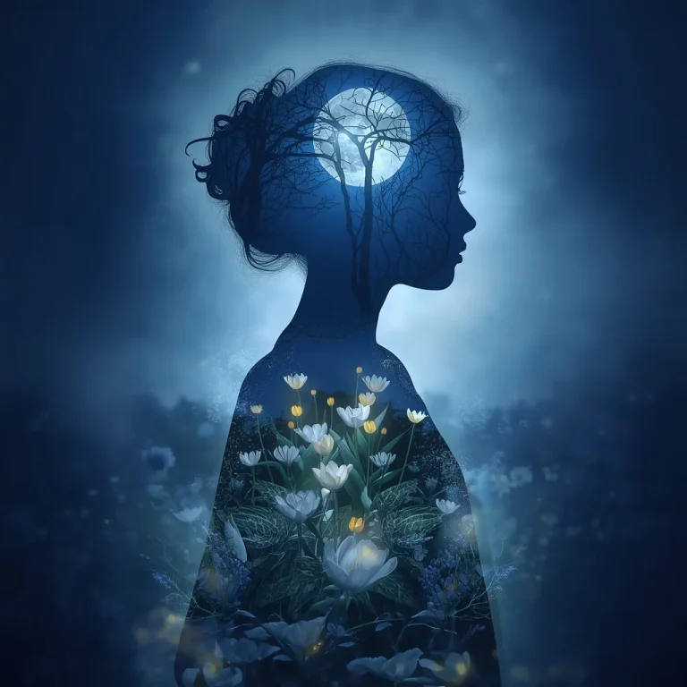 Ethereal Moonlight Garden: A Beautiful Girl’s Silhouette Amidst Glowing Flowers | Magical Double Exposure