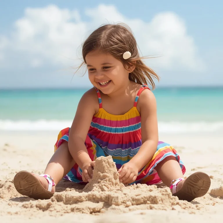 Girls’ Playful Day: Brightly Colored Striped Sundress with Sandals | prompt seen girl dress