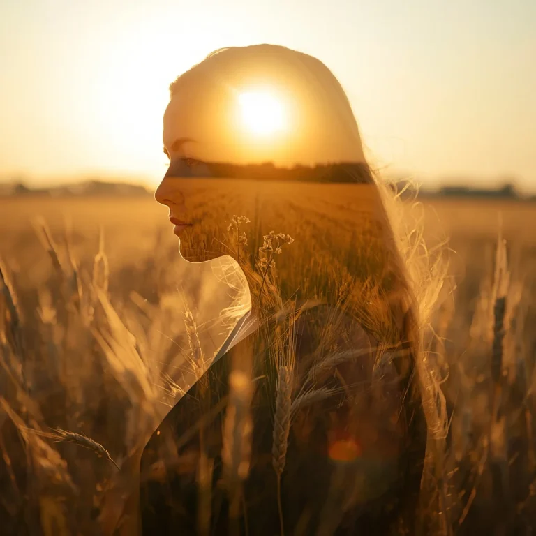 Golden Hour Field: A Beautiful Girl’s Profile Amidst Sun-Drenched Wheat | Double Exposure Portrait