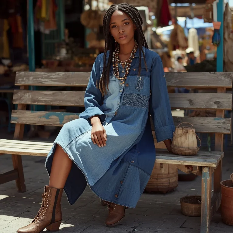 Modern Bohemian Chic in a Patchwork Denim Dress | Trending Girl Prompt