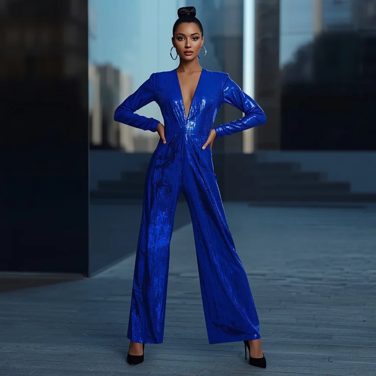 Modern Glam Blue Sequin Jumpsuit for a Trendy Event | fitness model ai prompt