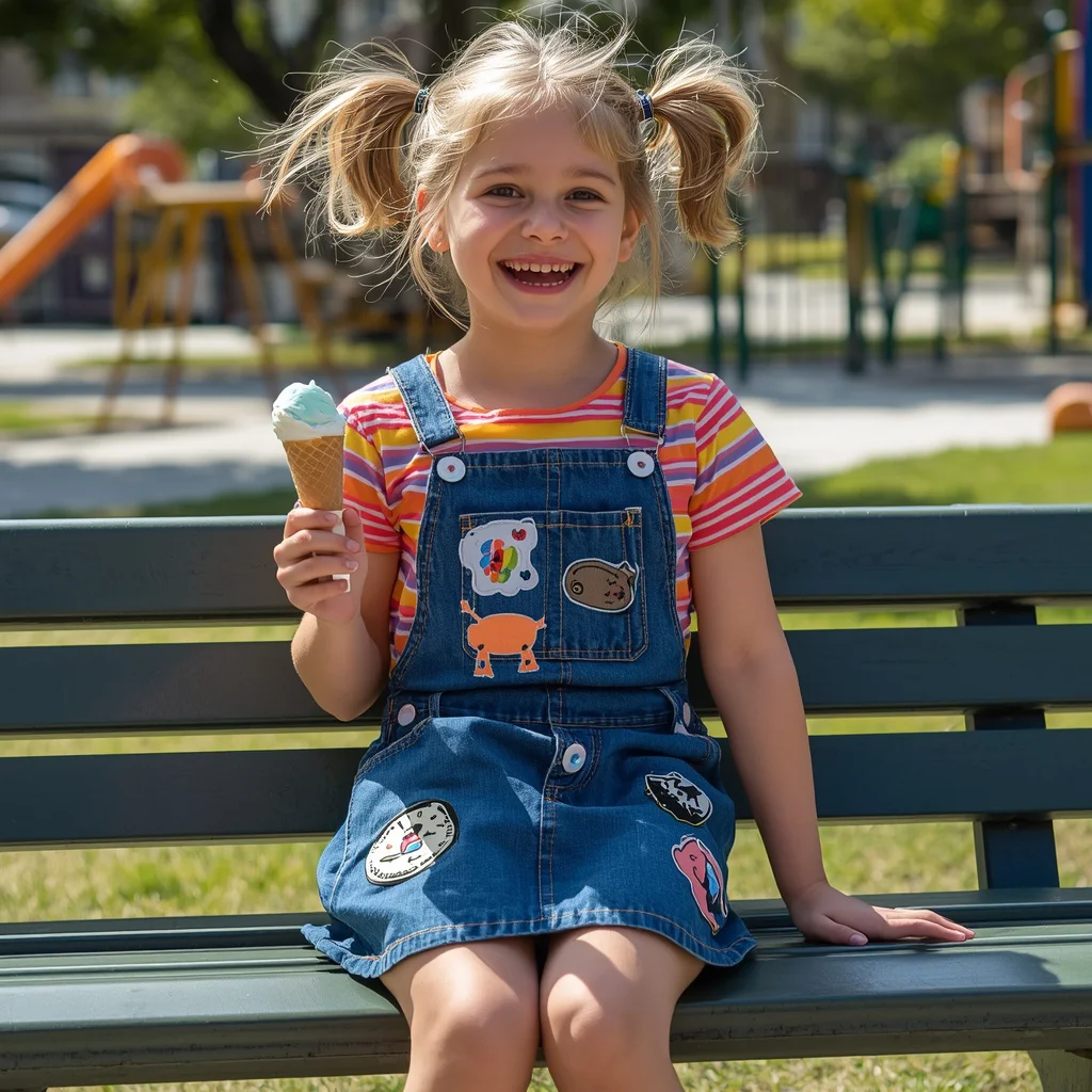 Playful Pre-Teen Fashion: Denim Overall Dress with Colorful Patches | trending prompt in instagram