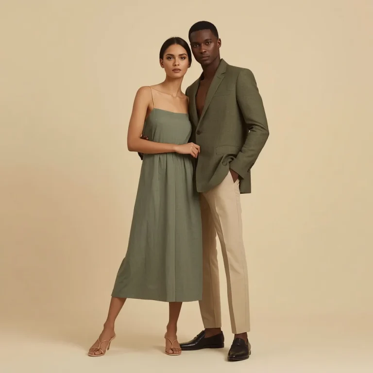 Romantic Couple in Modern Sage Green Linen | Elegant Romantic Couple