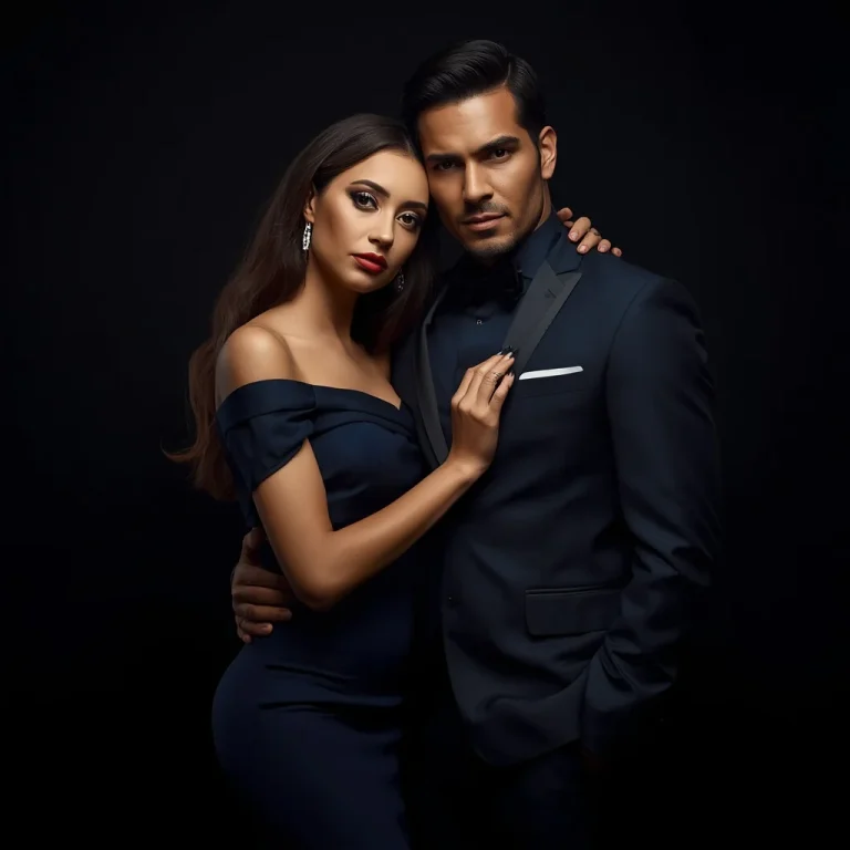 Romantic Couple in Sharp Deep Navy Outfits | Sophisticated Couple Against