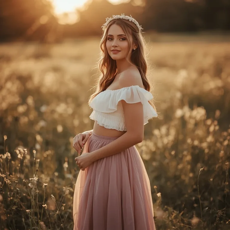 Romantic Off-Shoulder Ruffle Top and Maxi Skirt for Engagement | bridal ai prompt