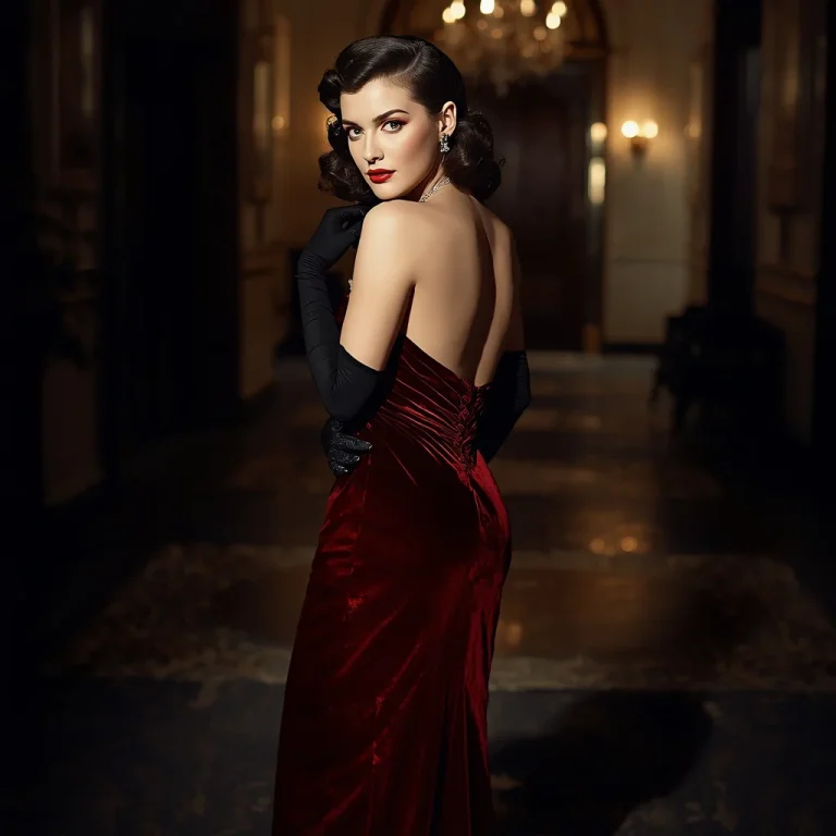Vintage Hollywood Glamour with a Crimson Velvet Evening Gown | Enchanting Woman Embodying